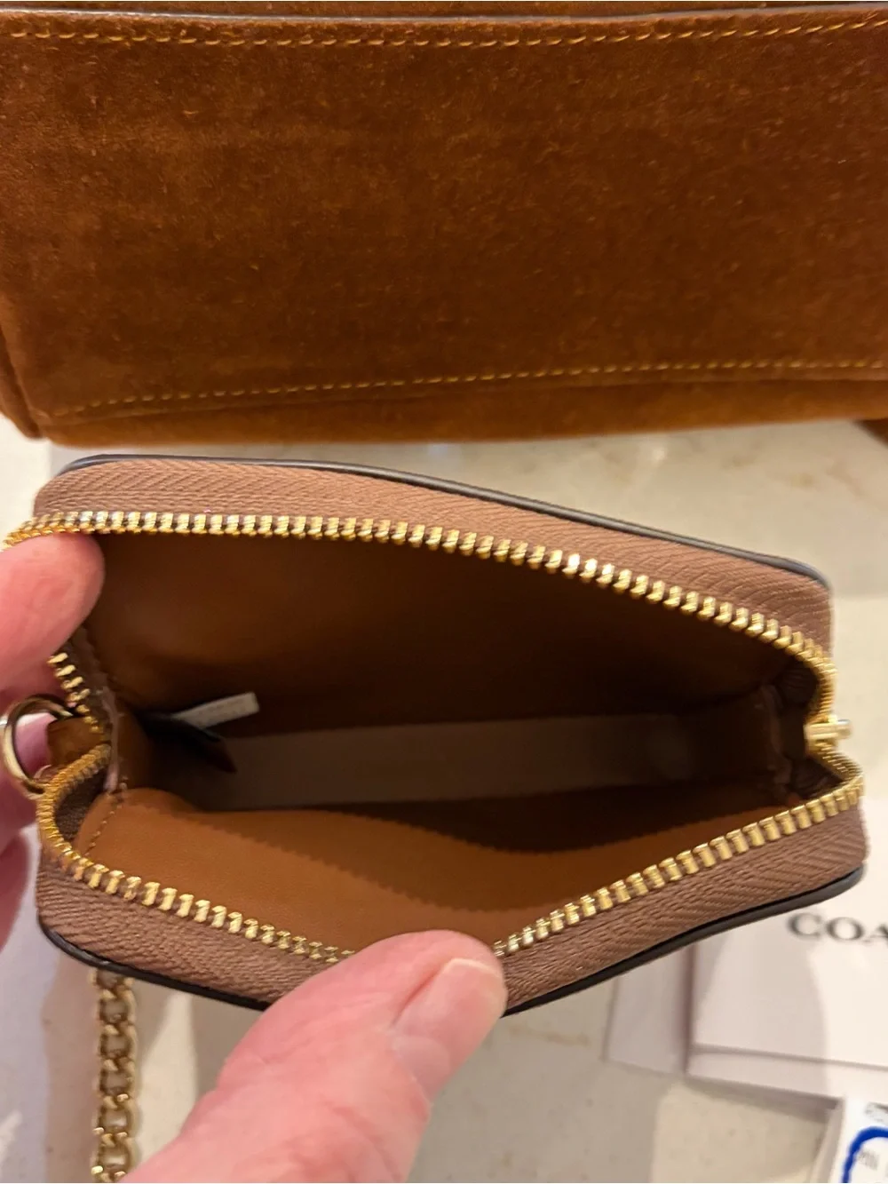 Coach Mini Rowan Suede Satchel in Chestnut Brown with Gold Hardware and wallet